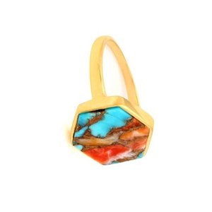 New Arrival Solid 925 Sterling Silver 14k Gold Plated Kingman Mohave Spiny Oyster Copper Turquoise Gemstone <b>Ring</b> Bezel Setting - Product Image 6