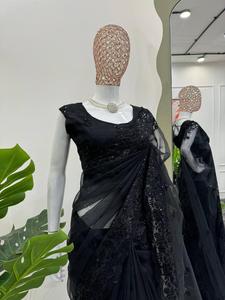 Beautiful Designer Party Wedding Wear Saree <b>Organza</b> <b>Silk</b> Heavy Sequence and Thread Embroidered Work Saree and Blouse - Product Image 4