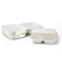 Boîtes à repas rectangulaires compostables à deux compartiments avec couvercle à charnière en canne à sucre - 25x20x7,5 cm - 200 pcs/carton