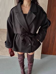 Manteau trench élégant noir à double boutonnage avec ceinture, manches longues, col à revers, coupe-vent, pour l'automne, longueur courte, en laine et polyester - Product Image 6