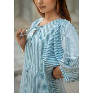 Cotton Midi <b>Dress</b> Stripe Hand Block Print Boho Summer Sundress <b>Pockets</b> Artisan Style Beach Vacation Wear for Day Leisure - Product Image 1