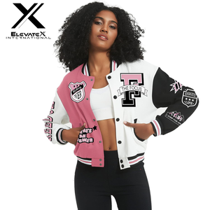 ELEVATEX INTERNATIONAL Women's Varsity <b>Jacket</b> <b>Pink</b> White Patchwork Full Sleeve Zipper Turn-down Collar Autumn Style - Product Image 3
