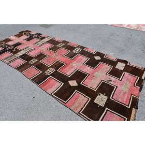 Vintage Brown Pink <b>Turkish</b> Wool Rug 5 X 12.4ft Flat Weave Patchwork Pattern Living Room <b>Carpet</b> Latex for Living Room Decorations - Product Image 4