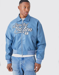 Blouson aviateur en cuir de mouton bleu pour homme, édition limitée, doublure en coton coupe-vent, design court, double glissière - Product Image 1