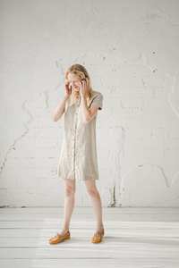 Custom A-Line Maxi Sexy Linen Tank Dress with Appliques Built-in <b>Bra</b> Short Sleeves Buttons - Product Image 2
