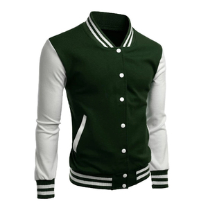 Veste universitaire pour homme, manches vertes et blanches, couleur unie, fermeture à boutons, col rabattu, vêtement décontracté d'automne, coupe classique - Product Image 1