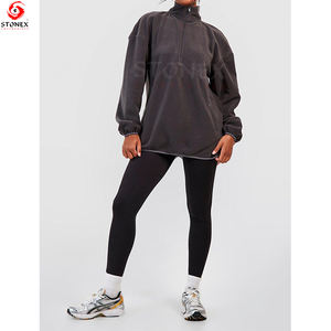 Sudadera de lana Polar de gran tamaño de alta calidad con media cremallera para mujer, sudaderas con capucha de poliéster liso cálido para invierno con cuello levantado - Product Image 2