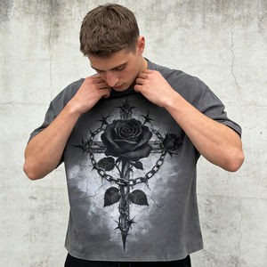 T-shirts pour hommes 2026 gris délavé à l'acide, coupe courte, avec imprimé graphique noir vieilli, effet délavé soleil vintage, style streetwear décontracté et punk - Product Image 3