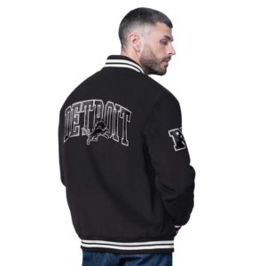Veste de baseball universitaire en velours côtelé noir Detroit Lions Blackout pour homme, modèle Starter, personnalisable avec lettres d'équipe, entièrement boutonnée - Product Image 2