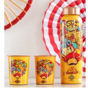 Juego de Botella y Vaso de Cobre con Estampado Meena de Rajasthani para una Experiencia Premium en Bebidas - Product Image 1