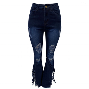 Pantalones vaqueros acampanados de mezclilla azul oscuro de alta elasticidad con borlas largas y estilo holgado para mujer/mamá/dama, venta al por mayor - Product Image 2