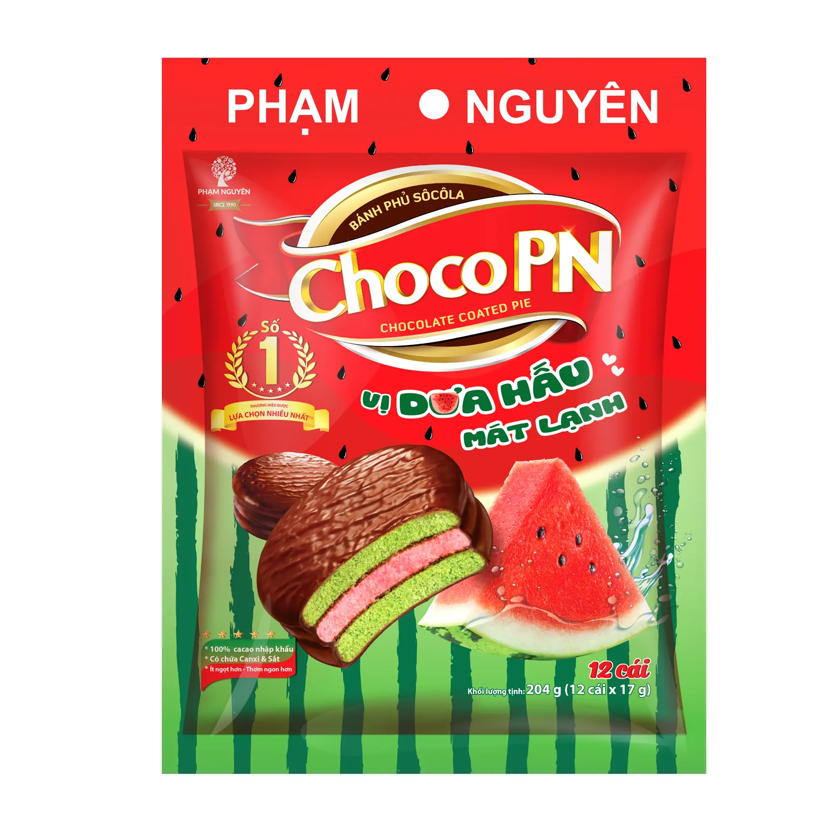 OEM/ODM ขายร้อนแตงโมช็อกโกแลตเคลือบพายแตงโมหอมขนมอบบิสกิตรสหวาน Choco PN Bag