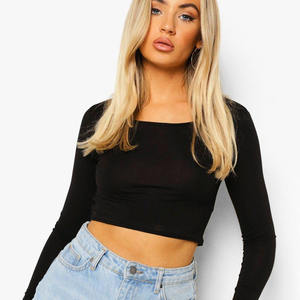 Top court à manches longues en polyester spandex mélangé pour femmes, noir, col carré, disponible dans toutes les couleurs et tailles. - Product Image 5