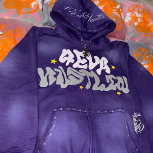 Ventes en gros de sweats à capuche pour femmes, streetwear d'hiver, personnalisés, en coton délavé au soleil, doublés de polaire, imprimés, avec pierres précieuses en cristal, fermeture éclair - Product Image 3