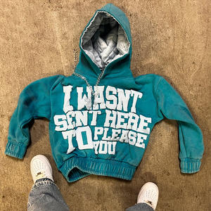 Pull-over Vintage personnalisé lourd avec fermeture éclair et lavage à l'acide Sweats à capuche courts Boxy pour hommes en polaire vierge unie - Product Image 4