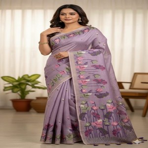 Sari VASTRA COTTAGE de Algodón Muga Suave Premium con Borde de Tejido Resham Jamdani, Borla de Loto y Borlas Decorativas, Prenda Tradicional - Product Image 3