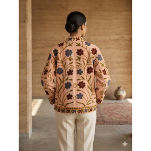 Dusty Peach Hand-Embroidered Floral Velvet <b>Jacket</b> Quilted Varsity Outerwear Stand Short Boho Reversible <b>Suede</b> Leather for Autumn - Product Image 2