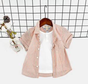 Conjunto de dos piezas de camisa de solapa de manga corta para niños a rayas transpirables de algodón informal para niños - Product Image 3