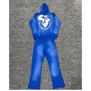 Chándal de felpa francesa de peso pesado para hombre, chándal con estampado de hojaldre, Sudadera con capucha y logotipo personalizado, conjunto de pantalones de chándal apilados acampanados, 100% algodón para hombre - Product Image 3