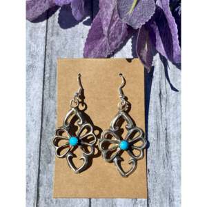 Navajo Kingman Turquoise & Sterling <b>Silver</b> Drop <b>Earrings</b> with Gold Plating Flower-shaped <b>Dangle</b> for Wedding or Gift - Product Image 1