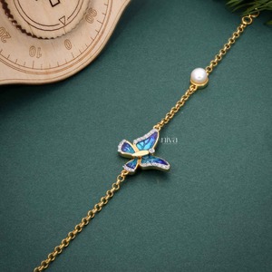 สร้อยข้อมือทองคำสีเหลือง14KT สำหรับผู้หญิงเครื่องประดับหรูหราด้วยเพชรธรรมชาติเคลือบสีฟ้าปีกผีเสื้อมุกสำเนียงสำหรับเป็นของขวัญ - Product Image 6