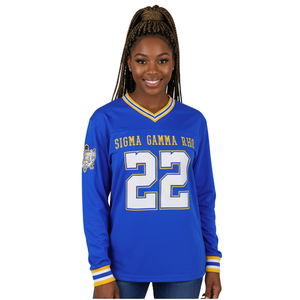 Sigma Gamma Rho Long Sleeve Jersey Royal Blue Womens Greek Letter <b>Shirt</b> SGR Number Top Athletic Fit Sorority Apparel - Product Image 1