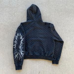 Fabricante personalizado de peso pesado desgastado bordado parche cremallera chaquetas Zip up ácido lavado Rhinestone Sudadera con capucha - Product Image 4
