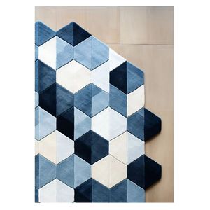 Ensemble de tapis indigo moderne touffeté à la main en forme de pentagone bloc trois D motif géométrique Design unique pour la décoration intérieure - Product Image 3