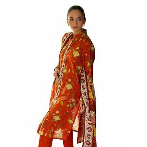 Salwar Kameez imprimé en coton indien pakistanais pour femmes, rouge, non cousu, 3 pièces - Product Image 1