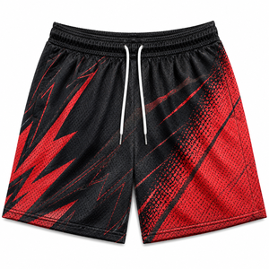 Shorts de basketball premium rouges tissés en maille respirante pour performance athlétique, avec motif graphique Bold Energy Strike, légers et à séchage rapide - Product Image 1