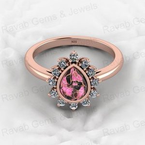 Christmas Sale 925 Genuine <b>Silver</b> Women's Engagement <b>Ring</b> 6X8mm Pear Pink Black Copper Turquoise Gemstone CZ Wedding Jewelry - Product Image 4