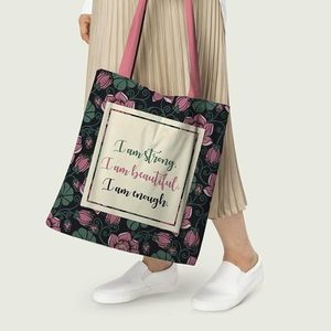 Bolsas de Mano de Lona de Algodón Resistentes y Elegantes con Múltiples Mensajes Impresos, Bolsas de Mano con Asas Rosas y Estampado de Flores - Product Image 3