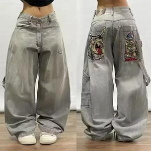 กางเกงยีนส์ฮิปฮอปแนวสตรีทสำหรับทุกเพศ, กางเกงยีนส์ทรงหลวมสไตล์กอทิกเอวสูงวินเทจกางเกงขากว้างพิมพ์ลายโครงกระดูก Y2K - Product Image 1