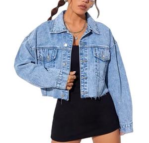 Chaqueta vaquera recortada desgastada para mujer Chaquetas vaqueras ajustadas y de gran tamaño con mangas largas, chaqueta vaquera de moda vintage - Product Image 1