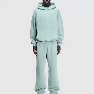 Ensemble de survêtement unisexe vert clair à capuche, manches longues, couleur unie, coupe décontractée, 100% coton, pour l'automne, avec poches latérales - Product Image 1