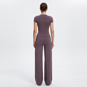 Women's Seamless Yoga Set Crew Neck Short Sleeve High Waist Full Length Solid Color Activewear Pants and <b>Top</b> 2 Piece Set - Product Image 5