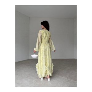 Gonna con volant manica lunga scollo a V abito lungo in Chiffon giallo