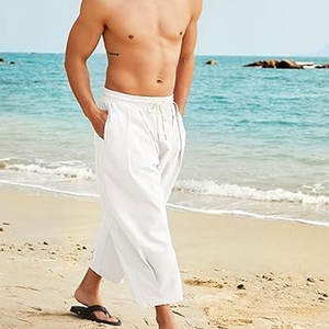 Pantalon cargo décontracté pour homme, 100% coton, léger, style à devant plat, taille mi-haute avec poche élastique, vêtement d'extérieur - Product Image 2