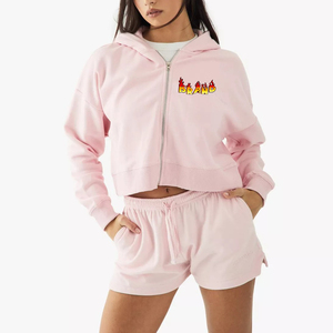 Summer casual wear oversize cropped zipper hoodie & cycling Short Set for Women 100% cotton 2 Piece women's short set - Product Image 1