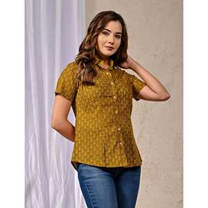 Camisa de Manga Media para Mujer, de Algodón Color Mostaza, Estampada, de Popelina - Product Image 6