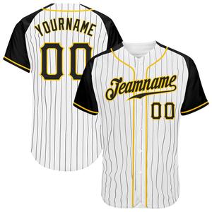Ropa de equipo personalizada más vendida, camiseta de béisbol con mangas raglán auténticas a rayas blancas y negras y doradas - Product Image 1
