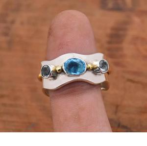 Anillo de Topacio Azul Plata de Ley 925 hecho a mano Triple piedra Zigzag Boho Birthstone anillo de aniversario regalo para ella - Product Image 4