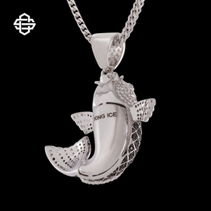 Pendentif Poisson Koi Serti de Pierres, Argenté, Micro Pavé, Pierre CZ Noire et Blanche, Collier Hip Hop pour Homme - Product Image 2