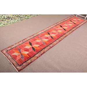 Vintage Turkish Rug, 2.7x13.4 ft <b>Runner</b> Rug, <b>Red</b> Orange Plants & trees Rug - Product Image 2