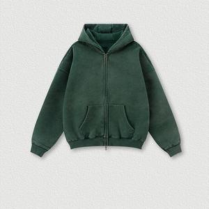 Sweat à capuche pour homme en tissu lourd vintage lavé à l'acide, fermeture éclair, surdimensionné, pour l'hiver, avec motif uni - Product Image 4