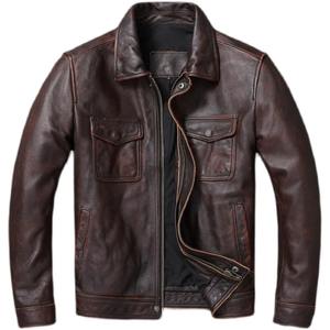 Veste en cuir de mouton véritable d'hiver pour homme Vintage marron rouge en toile 100% cuir naturel imperméable respirant - Product Image 4