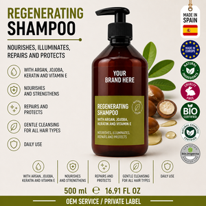 Shampoo à l'argan, au jojoba et à la kératine en marque privée 500ml OEM |   Shampoo réparateur régénérant et nourrissant anti-âge pour cheveux |   Espagne UE - Product Image 1