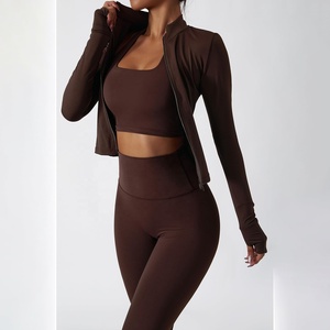 Ensemble 3 pièces : Crop Top Manches Longues, Pantalon de Yoga Taille Haute, en Spandex/Nylon Uni – Tenue de Sport et Fitness 2026 pour Gym et Yoga - Product Image 1