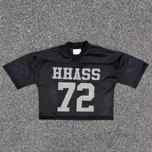 Jersey de béisbol de malla de algodón personalizado al por mayor, camiseta cuadrada con estampado de rayas de punto, camiseta de malla recortada con cuello en V de gran tamaño - Product Image 4