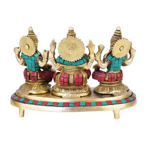 Idole multicolore en laiton de Laxmi, Ganesha et Saraswati, style traditionnel, pour les festivités de Diwali, au meilleur prix - Product Image 2